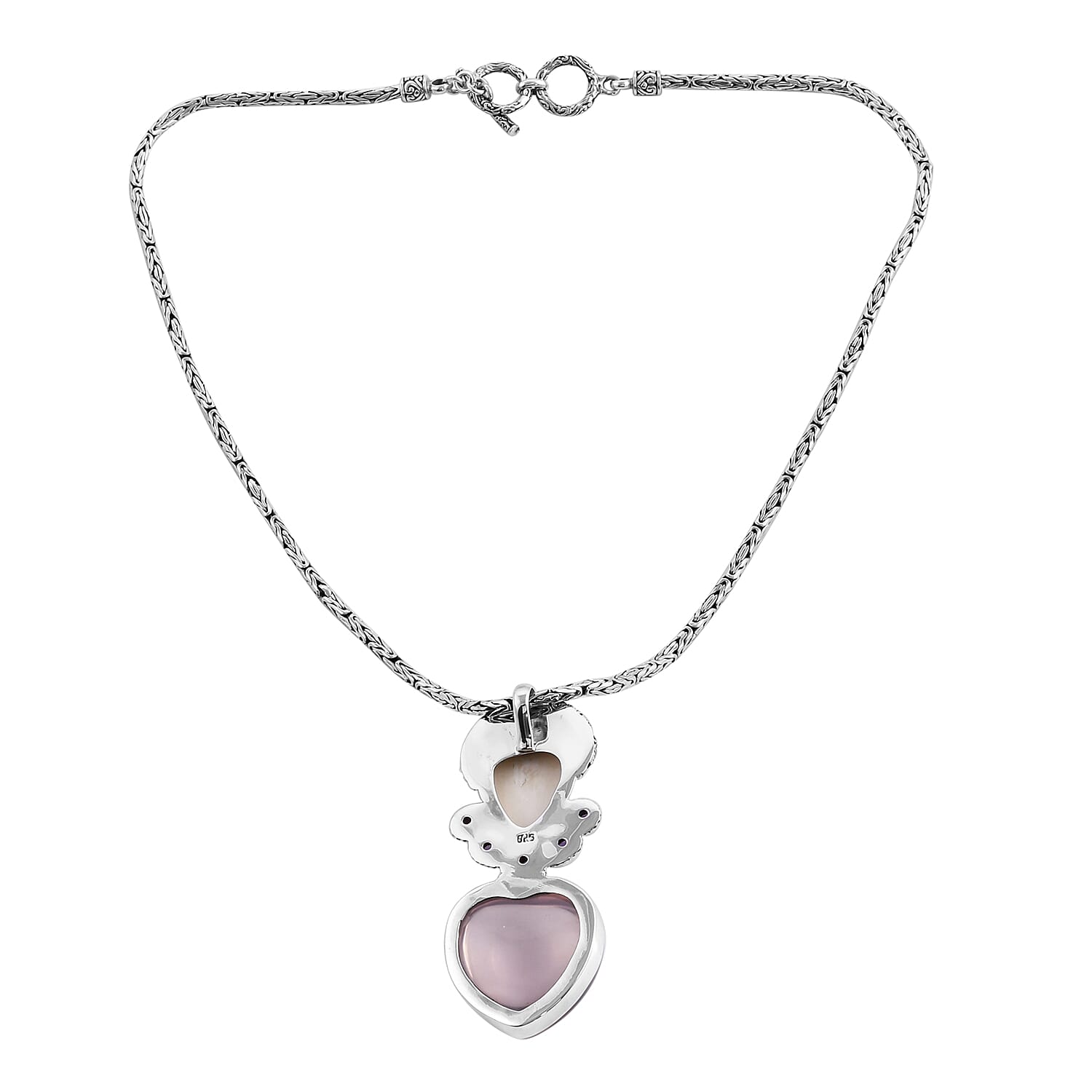 Princess Bali Collection OX Bone Carved Face, Rose Quartz and Amethyst Pendant in Sterling Silver 89.851 Ct.Silver Wt 15.00 Gm