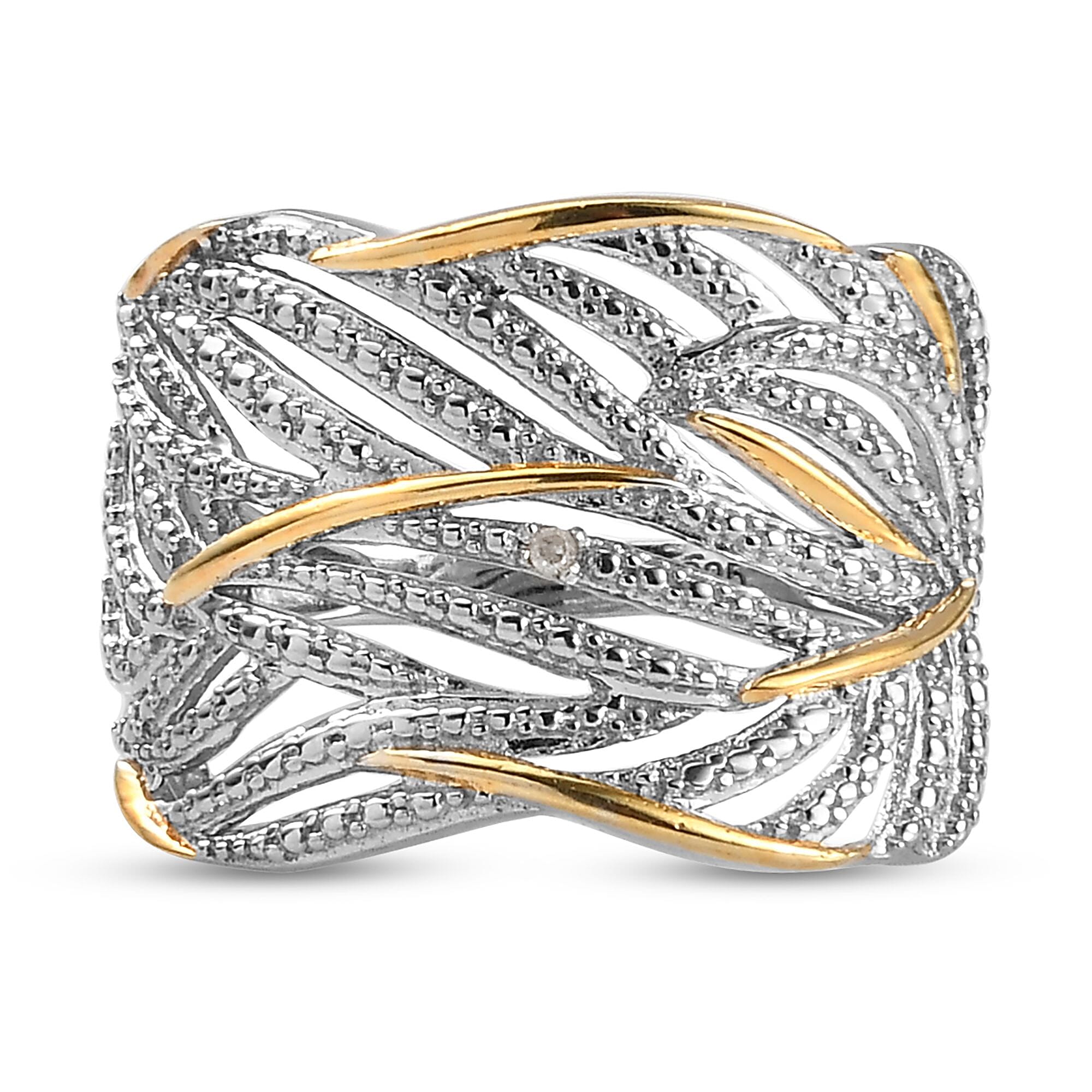 Diamond Criss-Cross Ring in 18K Vermeil Yellow Gold Plated and Platinum Overlay Sterling Silver