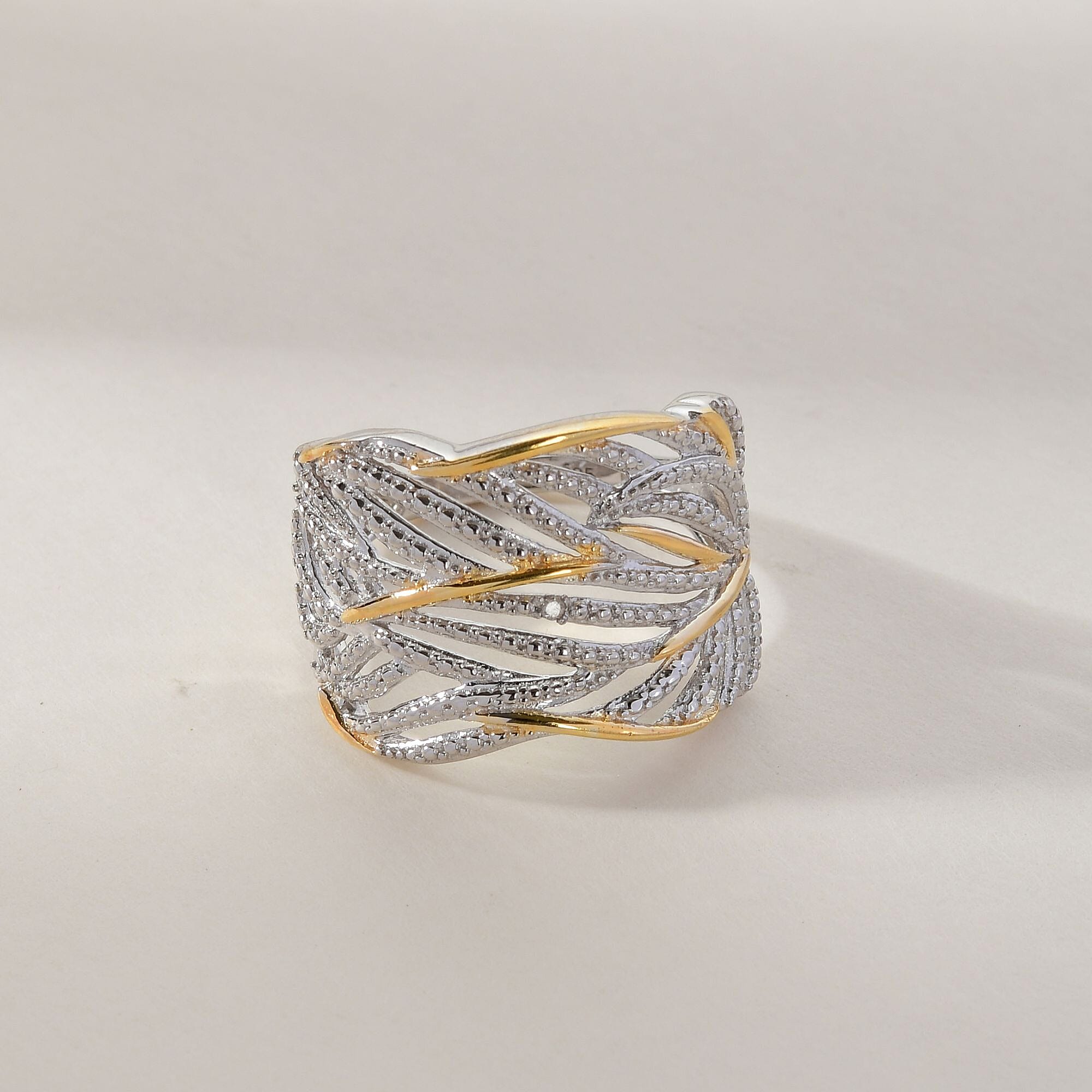 Diamond Criss-Cross Ring in 18K Vermeil Yellow Gold Plated and Platinum Overlay Sterling Silver