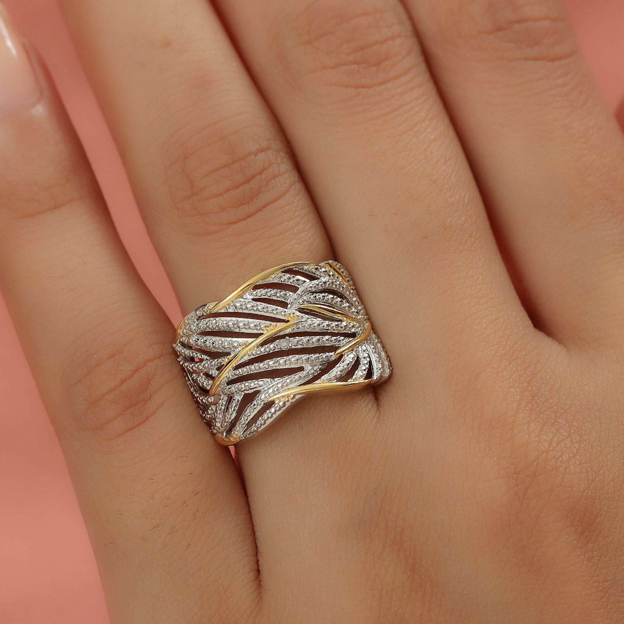 Diamond Criss-Cross Ring in 18K Vermeil Yellow Gold Plated and Platinum Overlay Sterling Silver