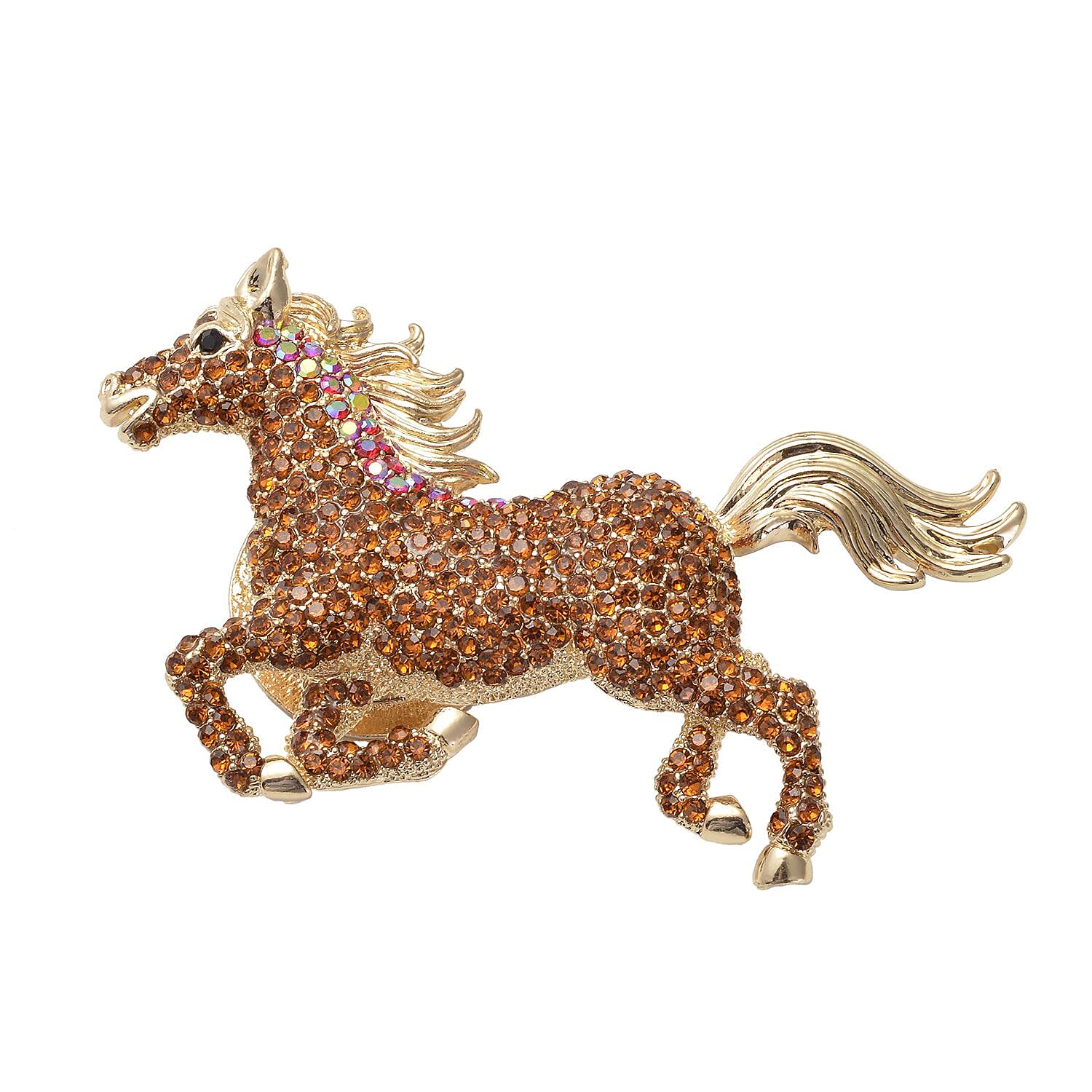 Multicolour Austrian Crystal (Rnd) Horse Pendant with Chain (Size 24) or Brooch in Yellow Tone