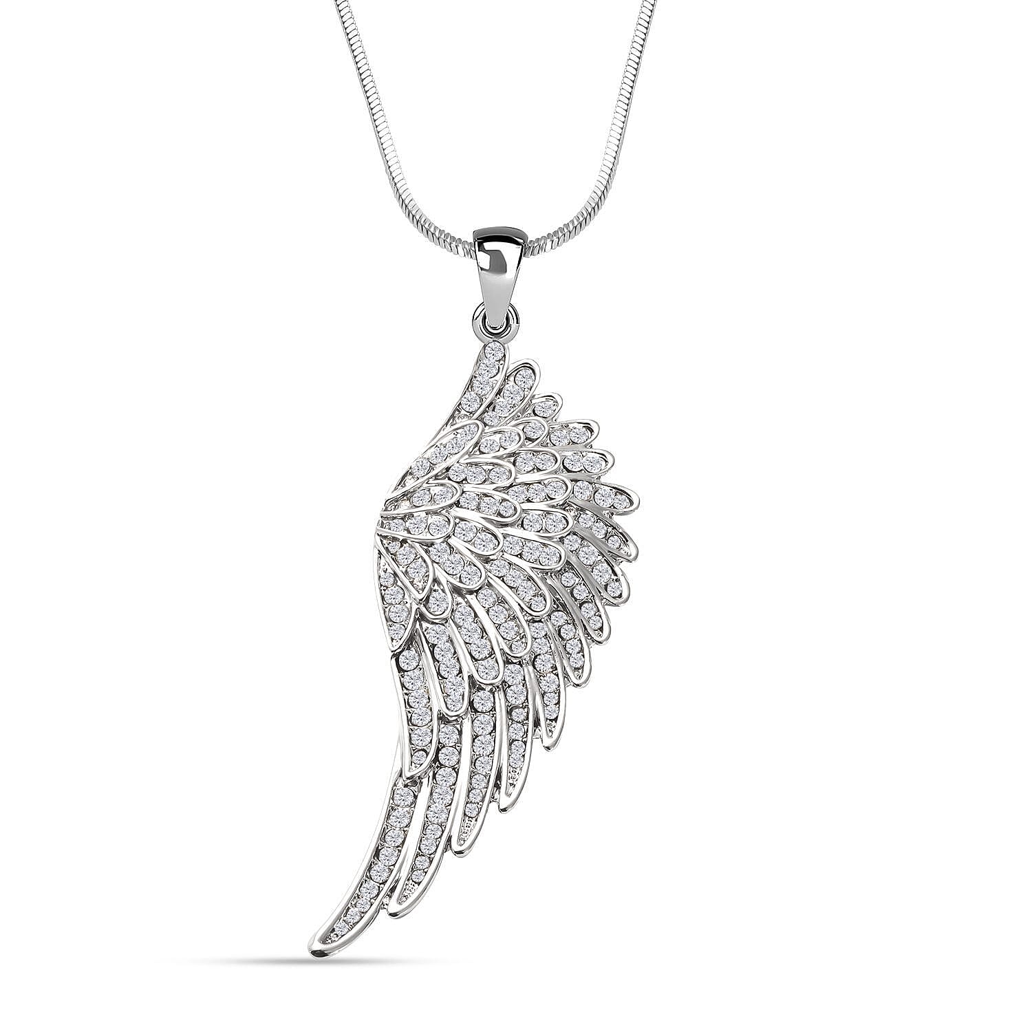 White Austrian Crystal Angel Wing Pendant with Chain (Size - 29-2 Ext) in Silver Tone