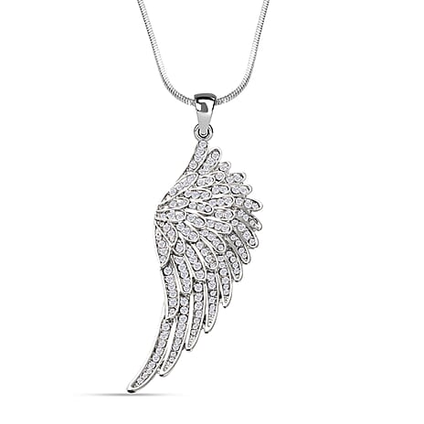 White Austrian Crystal Angel Wing Pendant with Chain (Size - 29-2 Ext) in Silver Tone