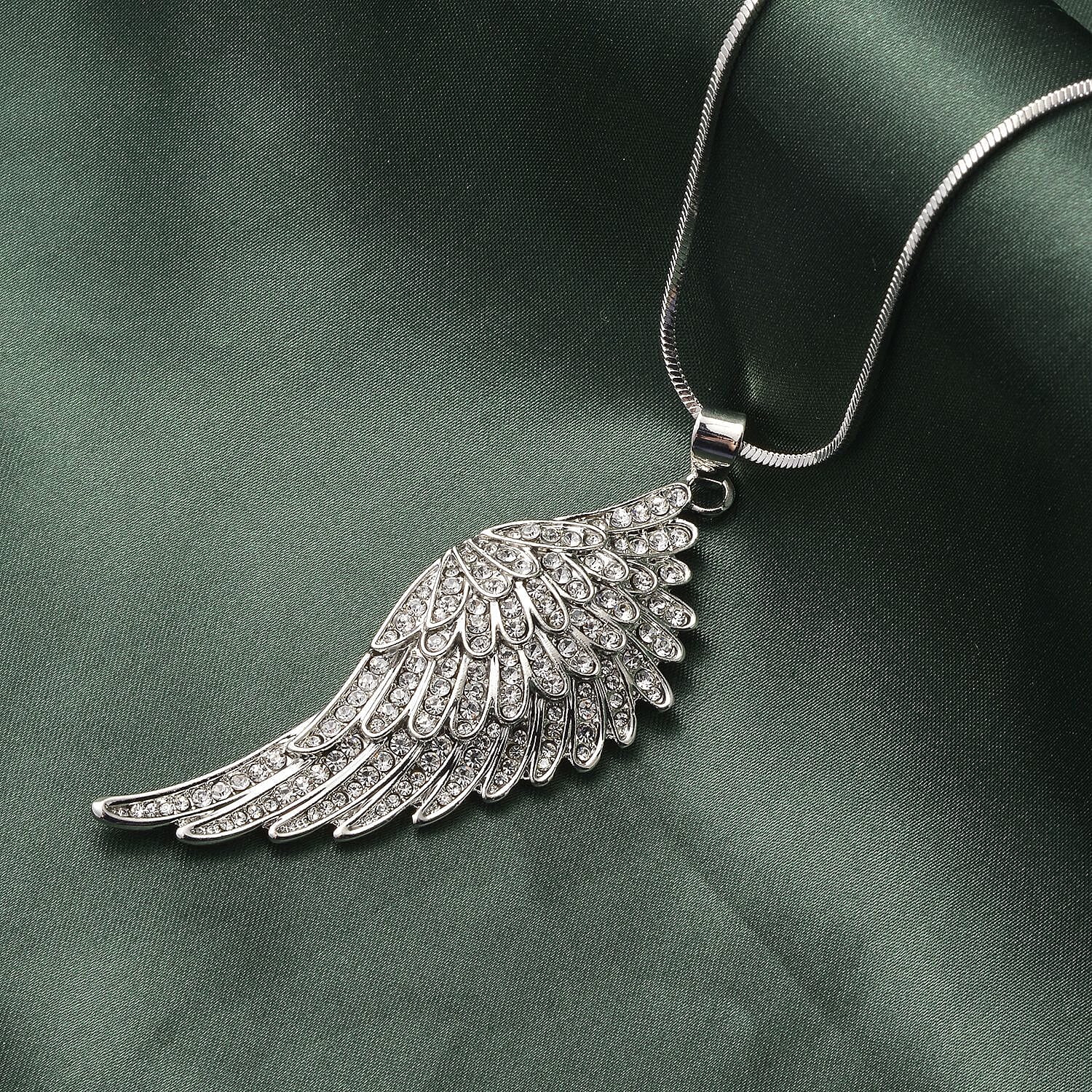 White Austrian Crystal Angel Wing Pendant with Chain (Size - 29-2 Ext) in Silver Tone