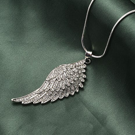 White Austrian Crystal Angel Wing Pendant with Chain (Size - 29-2 Ext) in Silver Tone