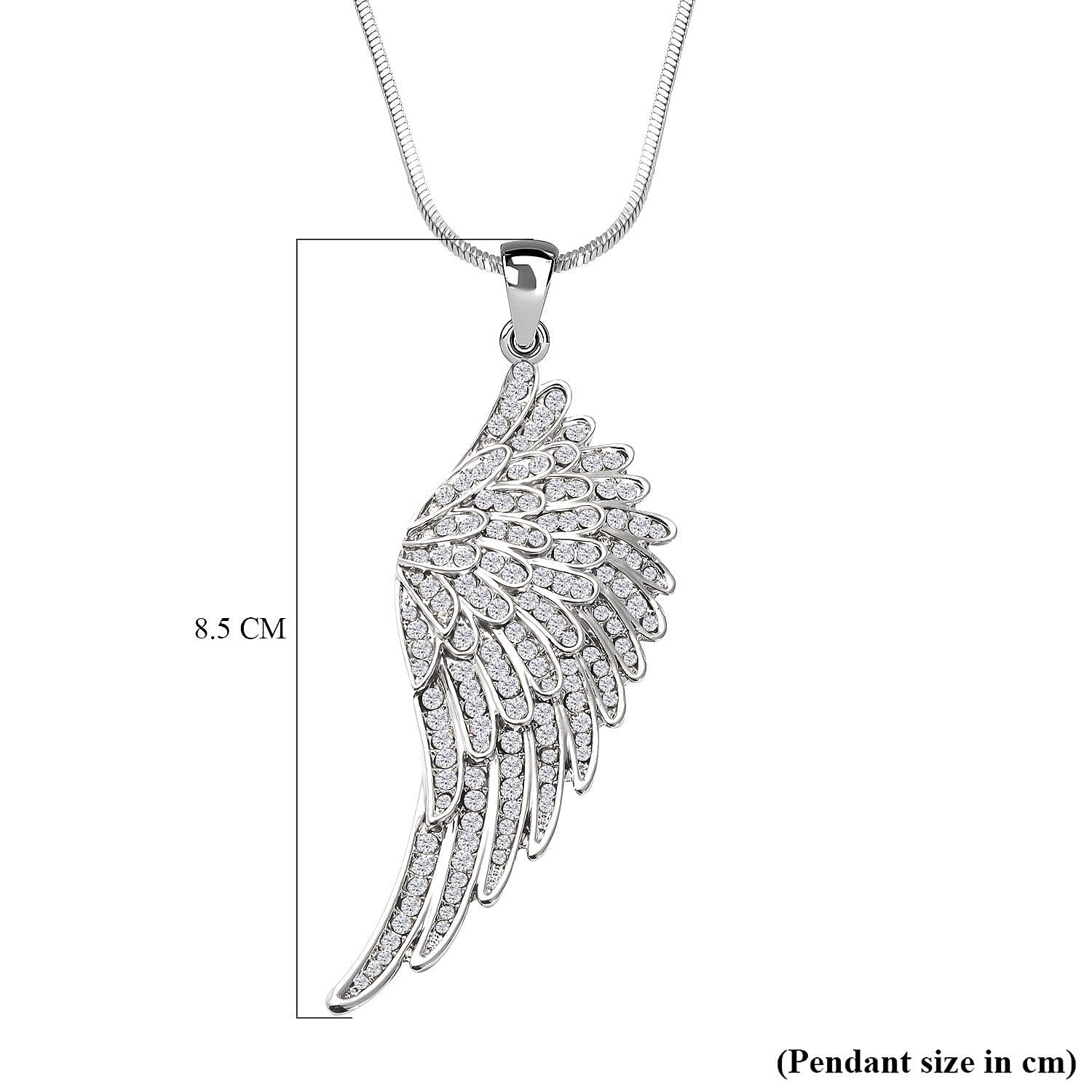 White Austrian Crystal Angel Wing Pendant with Chain (Size - 29-2 Ext) in Silver Tone