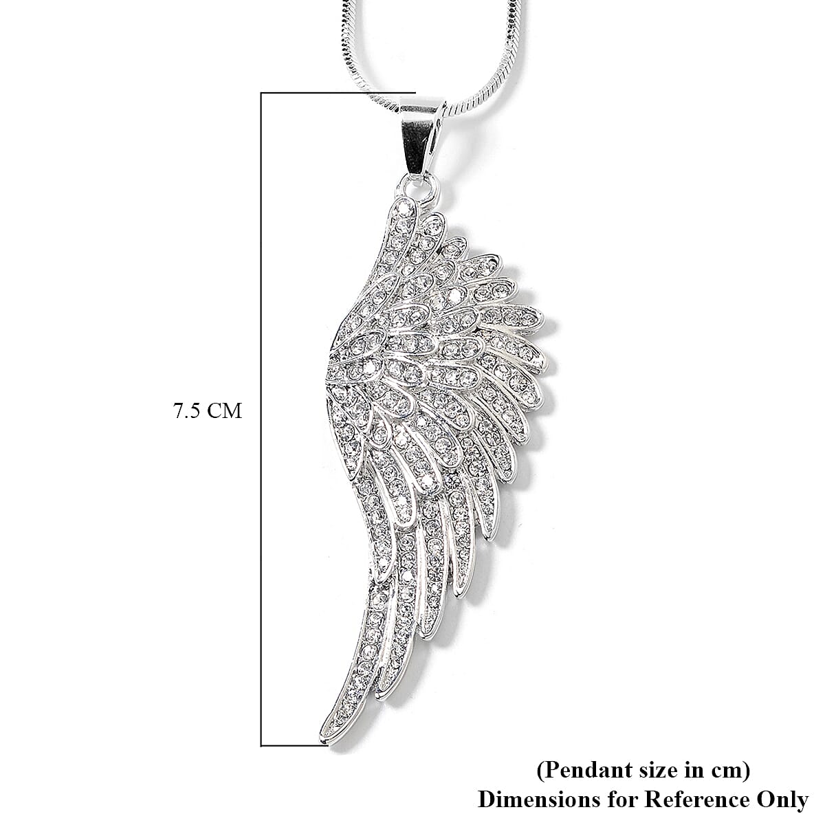 White Austrian Crystal Angel Wing Pendant with Chain (Size - 29-2 Ext) in Silver Tone