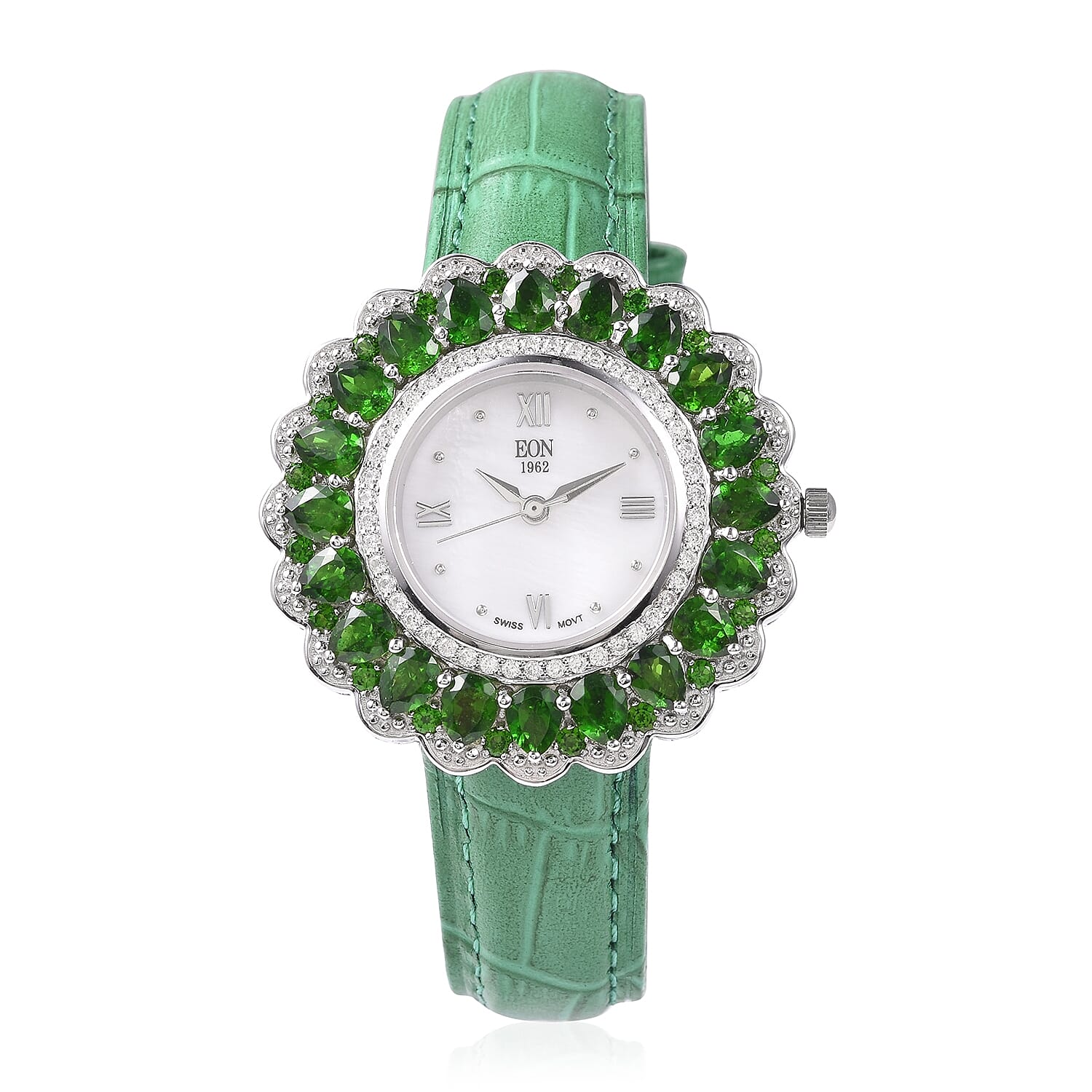 EON 1962 Swiss Movement Chrome Diopside and Natural White Cambodian Zircon Watch with Green Genuine Leather Strap in Rhodium Overlay Sterling Silver 8.92 Ct, Silver wt 13.50 Gms