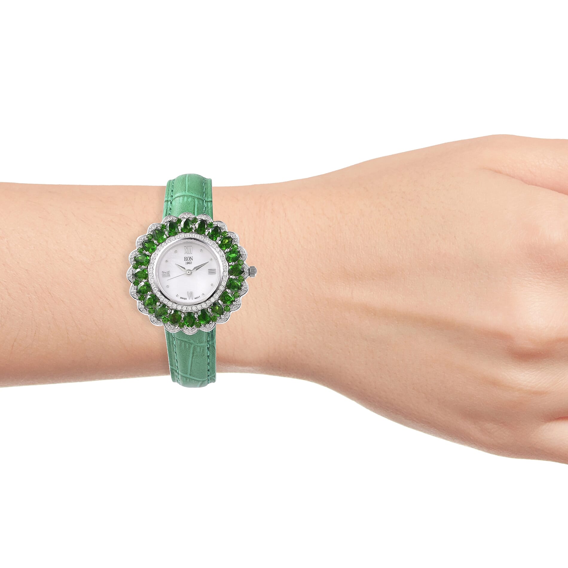 EON 1962 Swiss Movement Chrome Diopside and Natural White Cambodian Zircon Watch with Green Genuine Leather Strap in Rhodium Overlay Sterling Silver 8.92 Ct, Silver wt 13.50 Gms