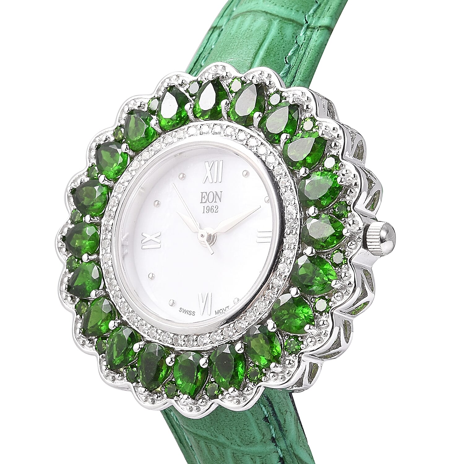EON 1962 Swiss Movement Chrome Diopside and Natural White Cambodian Zircon Watch with Green Genuine Leather Strap in Rhodium Overlay Sterling Silver 8.92 Ct, Silver wt 13.50 Gms