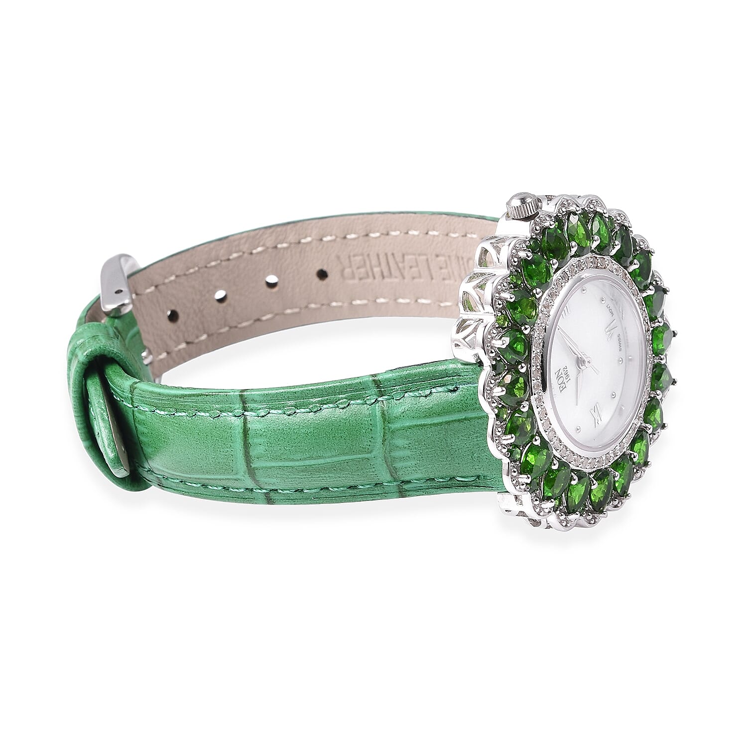 EON 1962 Swiss Movement Chrome Diopside and Natural White Cambodian Zircon Watch with Green Genuine Leather Strap in Rhodium Overlay Sterling Silver 8.92 Ct, Silver wt 13.50 Gms