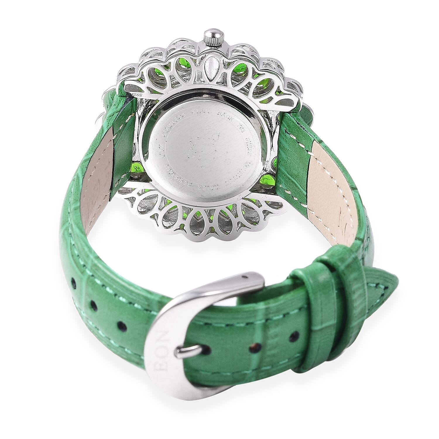 EON 1962 Swiss Movement Chrome Diopside and Natural White Cambodian Zircon Watch with Green Genuine Leather Strap in Rhodium Overlay Sterling Silver 8.92 Ct, Silver wt 13.50 Gms
