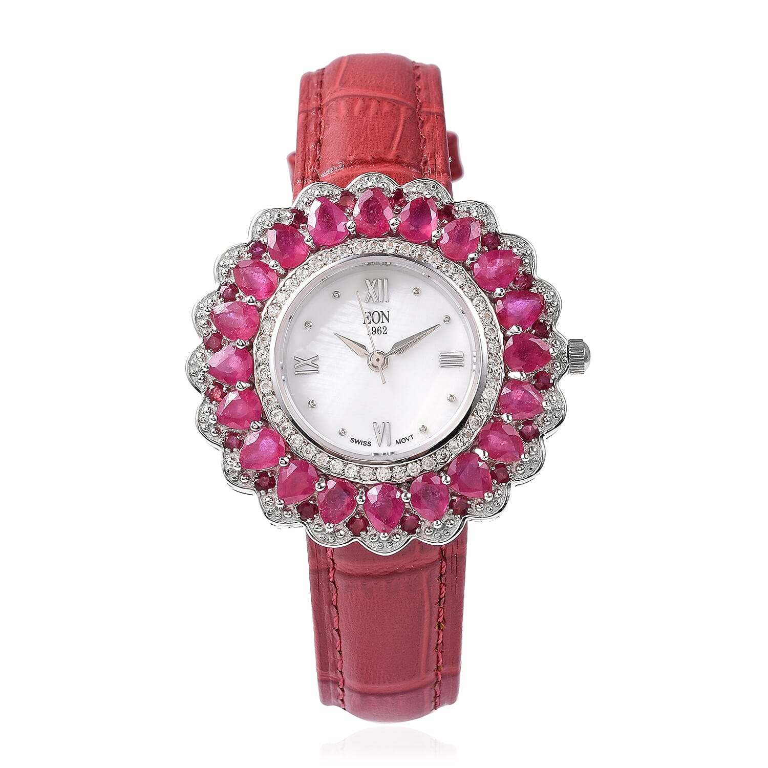 EON 1962 Swiss Movement African Ruby and Natural White Cambodian Zircon Watch with Red Genuine Leather Strap in Rhodium Overlay Sterling Silver 12.12 Ct, Silver wt 13.50 Gms