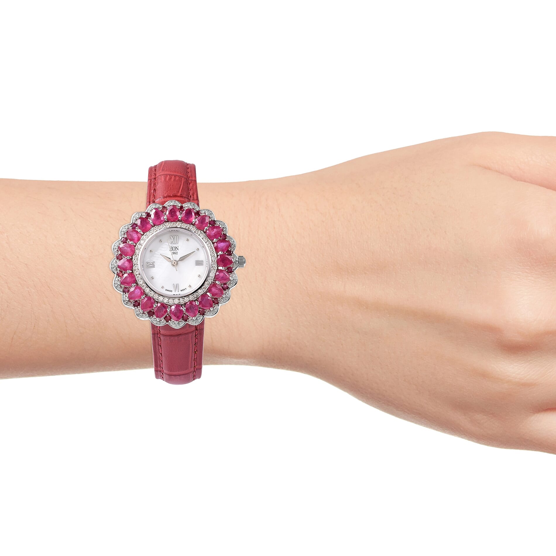 EON 1962 Swiss Movement African Ruby and Natural White Cambodian Zircon Watch with Red Genuine Leather Strap in Rhodium Overlay Sterling Silver 12.12 Ct, Silver wt 13.50 Gms
