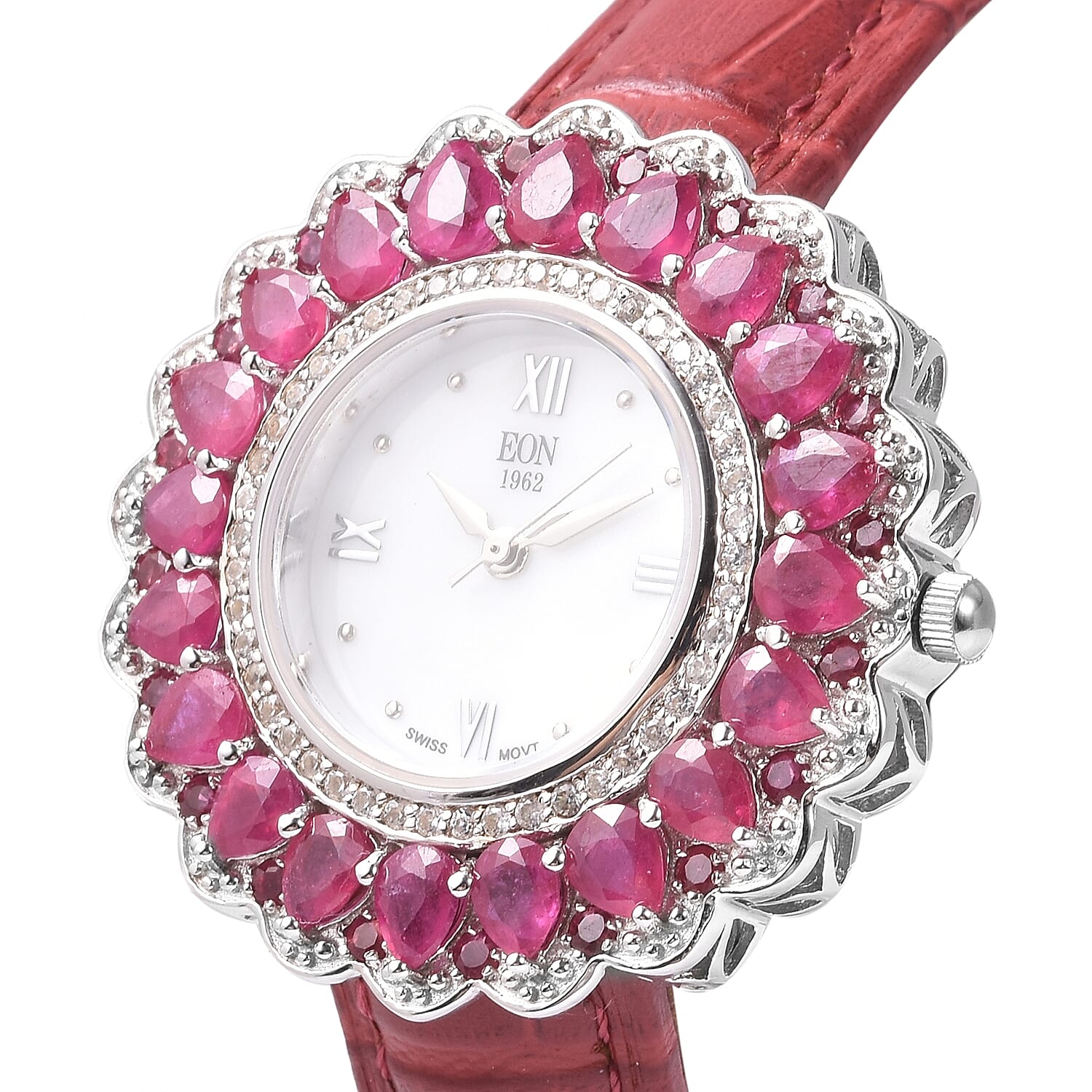 EON 1962 Swiss Movement African Ruby and Natural White Cambodian Zircon Watch with Red Genuine Leather Strap in Rhodium Overlay Sterling Silver 12.12 Ct, Silver wt 13.50 Gms