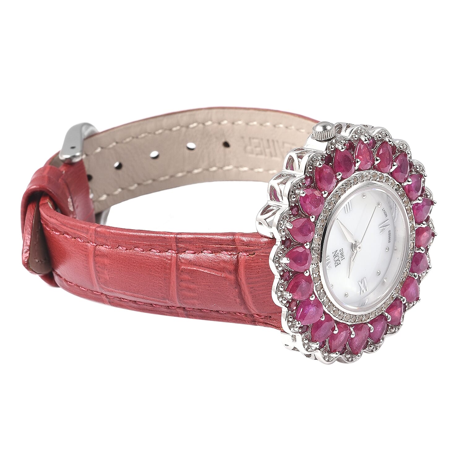 EON 1962 Swiss Movement African Ruby and Natural White Cambodian Zircon Watch with Red Genuine Leather Strap in Rhodium Overlay Sterling Silver 12.12 Ct, Silver wt 13.50 Gms
