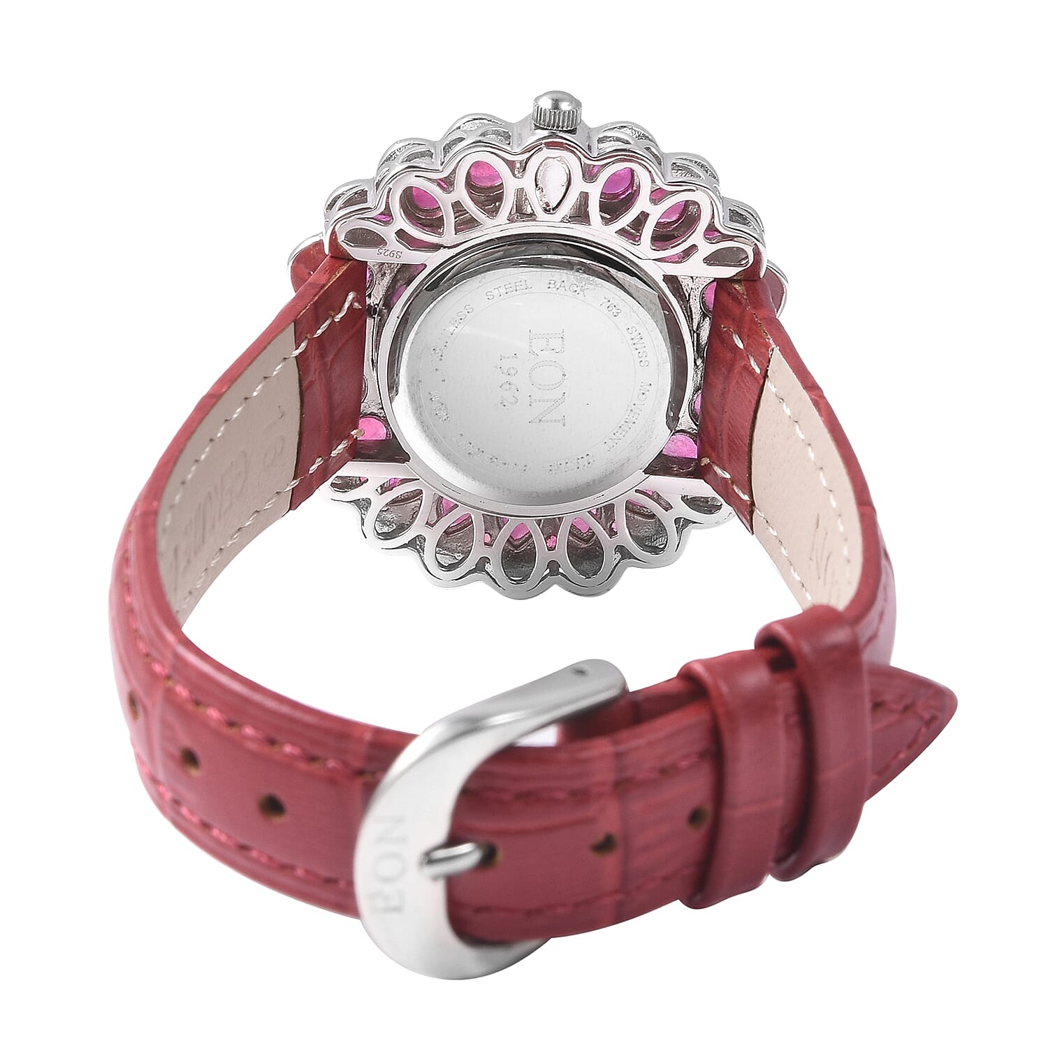 EON 1962 Swiss Movement African Ruby and Natural White Cambodian Zircon Watch with Red Genuine Leather Strap in Rhodium Overlay Sterling Silver 12.12 Ct, Silver wt 13.50 Gms