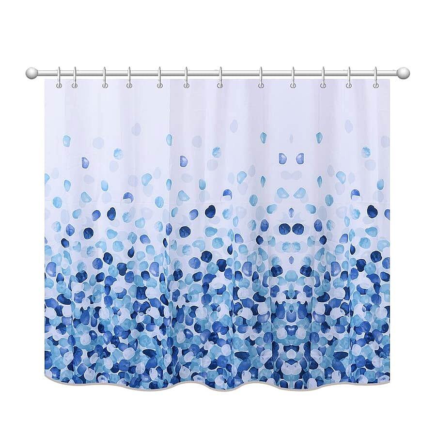 Printed Waterproof Shower Curtains with 12 Hooks (Size 180x180cm) - White and Blue