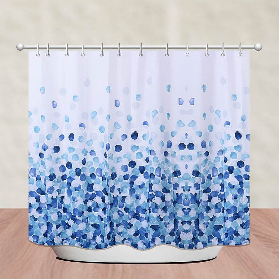 Printed Waterproof Shower Curtains with 12 Hooks (Size 180x180cm) - White and Blue
