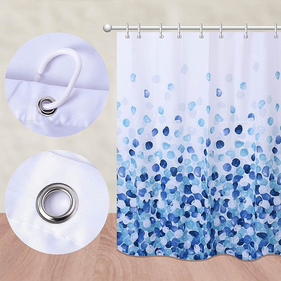 Printed Waterproof Shower Curtains with 12 Hooks (Size 180x180cm) - White and Blue