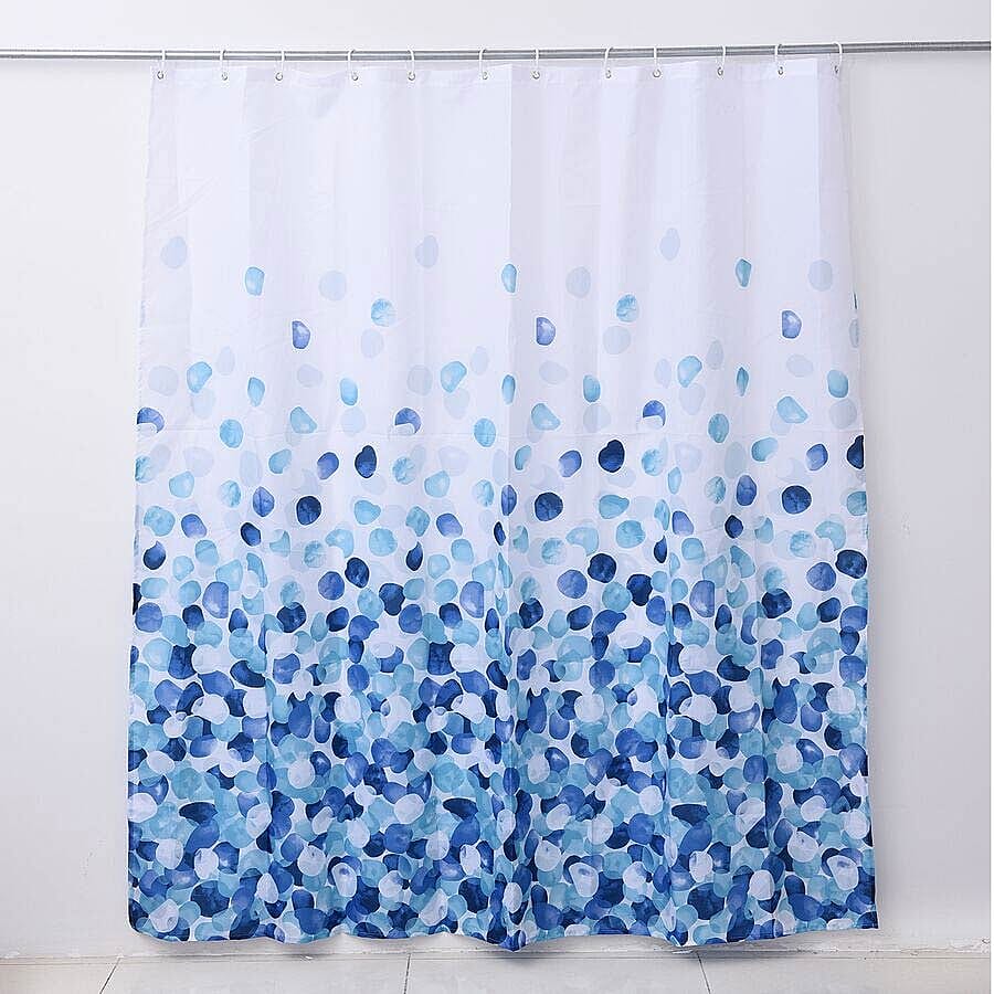 Printed Waterproof Shower Curtains with 12 Hooks (Size 180x180cm) - White and Blue