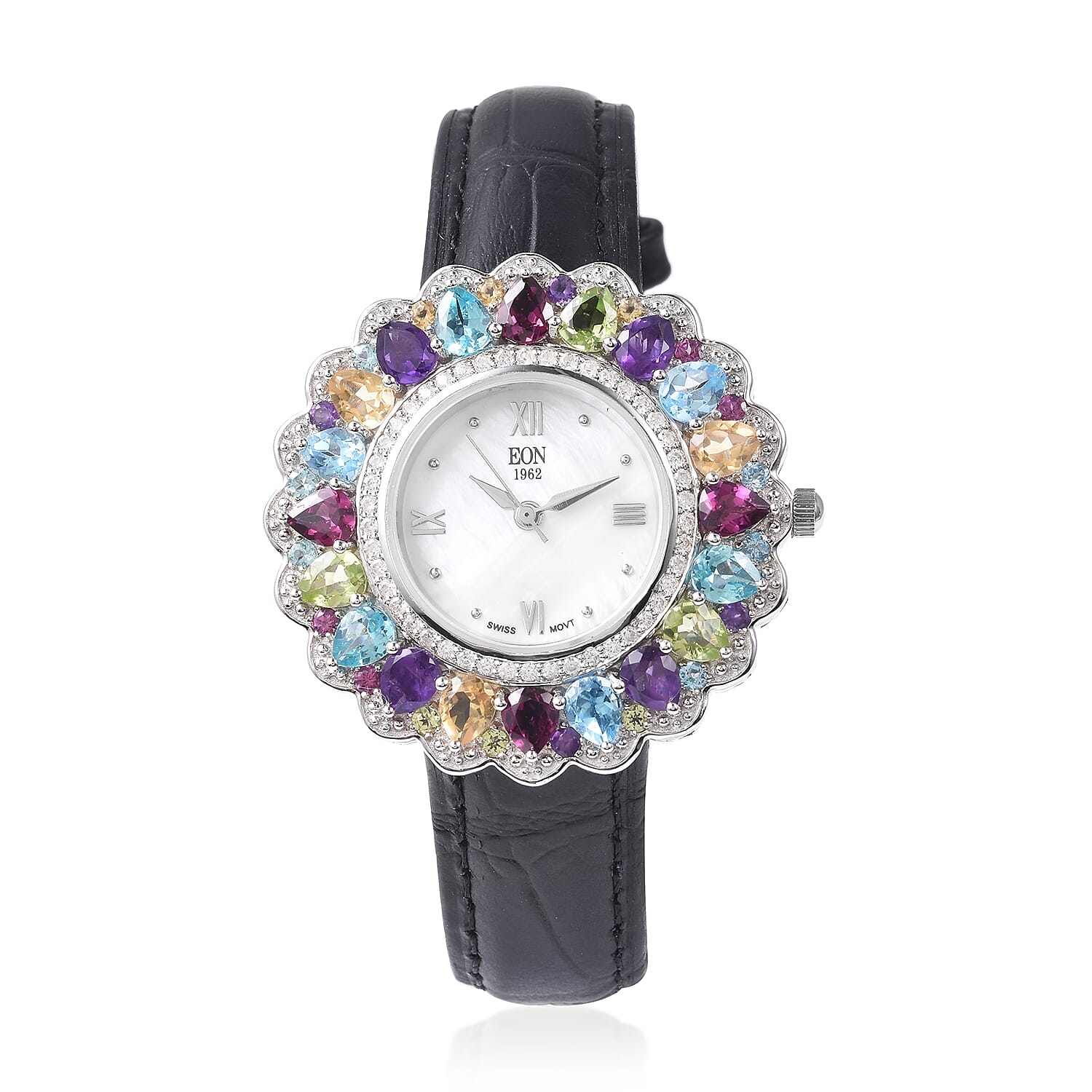 EON 1962 Swiss Movement Rhodolite Garnet and Multi Gemstone Watch with Black Genuine Leather Strap in Rhodium Overlay Sterling Silver 8.17 Ct, Silver wt 13.70 Gms
