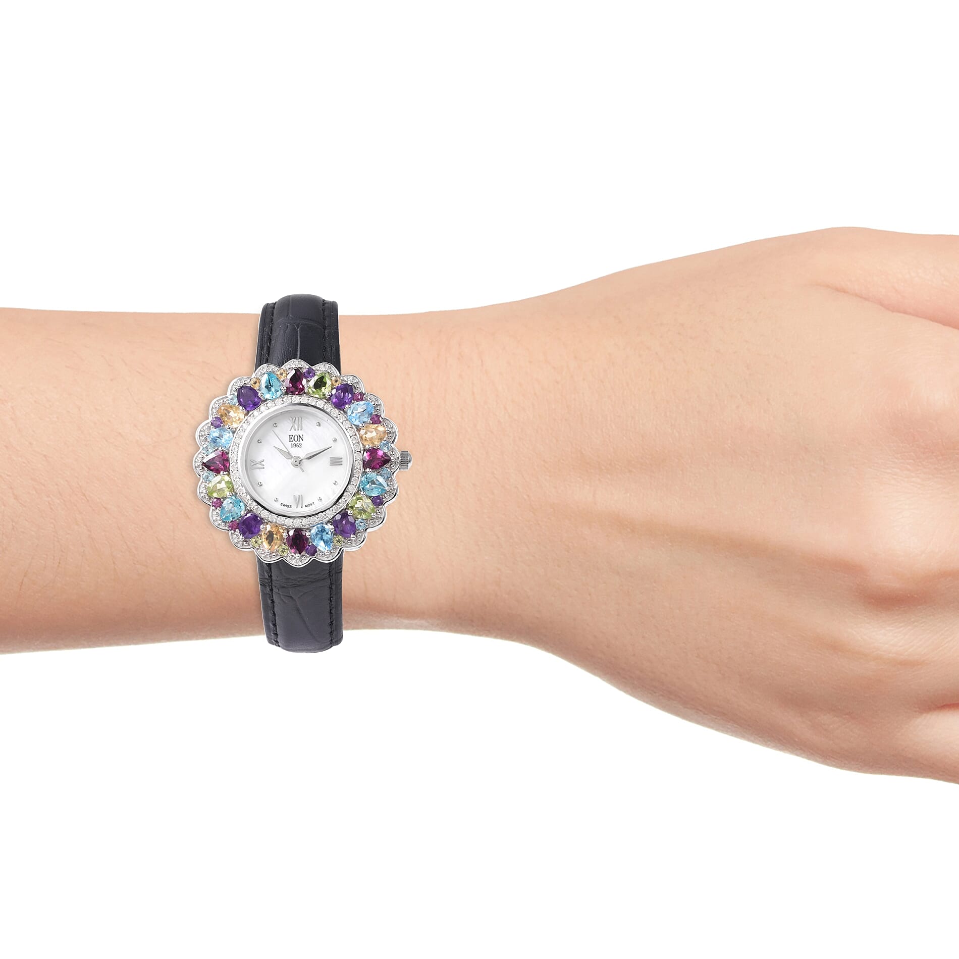 EON 1962 Swiss Movement Rhodolite Garnet and Multi Gemstone Watch with Black Genuine Leather Strap in Rhodium Overlay Sterling Silver 8.17 Ct, Silver wt 13.70 Gms