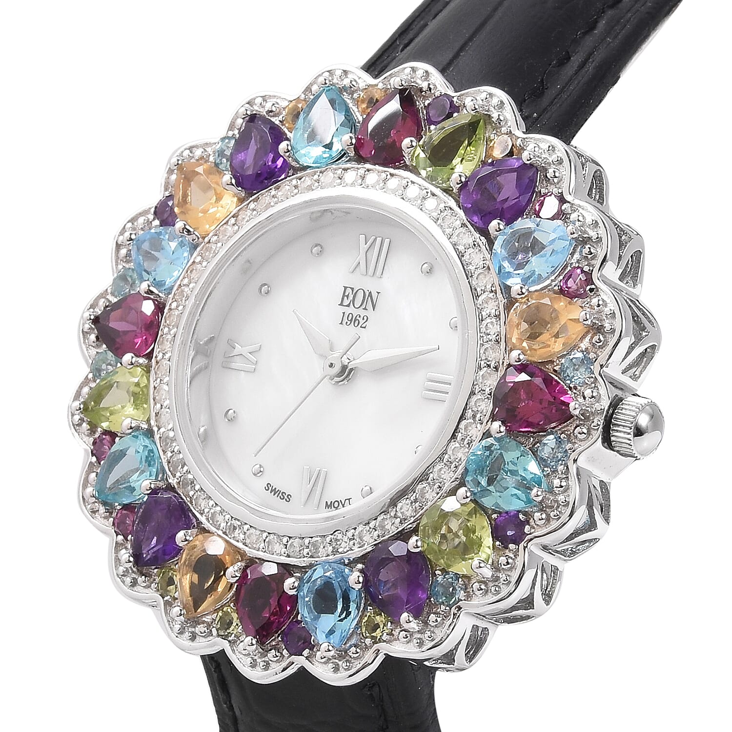 EON 1962 Swiss Movement Rhodolite Garnet and Multi Gemstone Watch with Black Genuine Leather Strap in Rhodium Overlay Sterling Silver 8.17 Ct, Silver wt 13.70 Gms