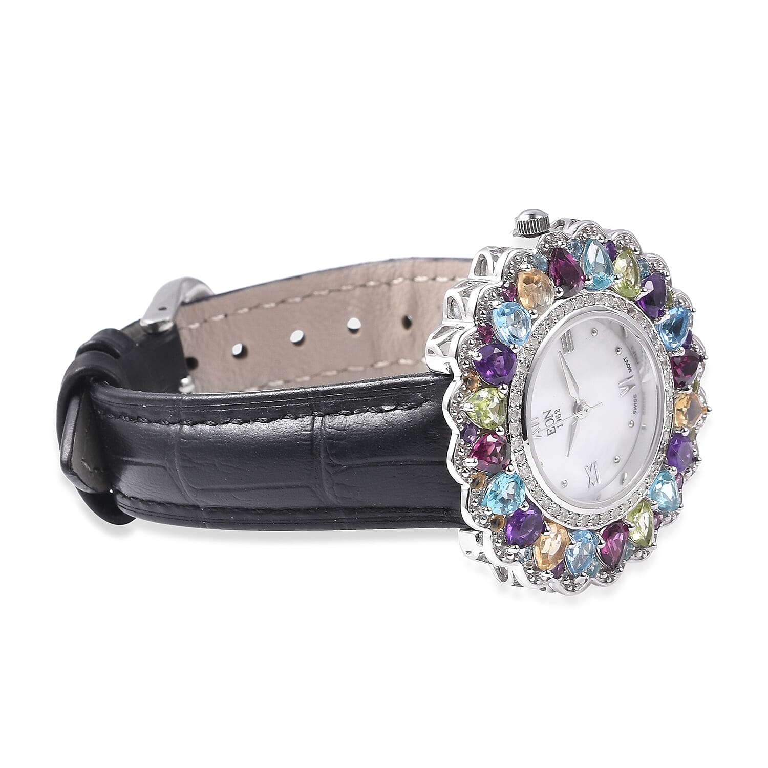 EON 1962 Swiss Movement Rhodolite Garnet and Multi Gemstone Watch with Black Genuine Leather Strap in Rhodium Overlay Sterling Silver 8.17 Ct, Silver wt 13.70 Gms
