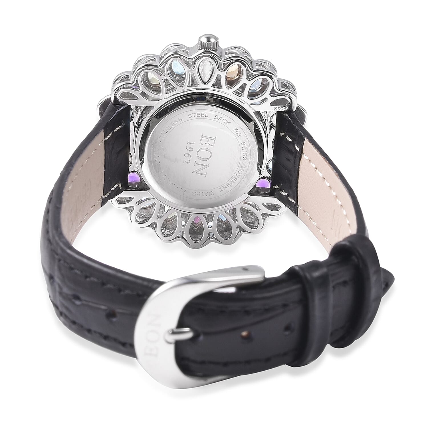 EON 1962 Swiss Movement Rhodolite Garnet and Multi Gemstone Watch with Black Genuine Leather Strap in Rhodium Overlay Sterling Silver 8.17 Ct, Silver wt 13.70 Gms