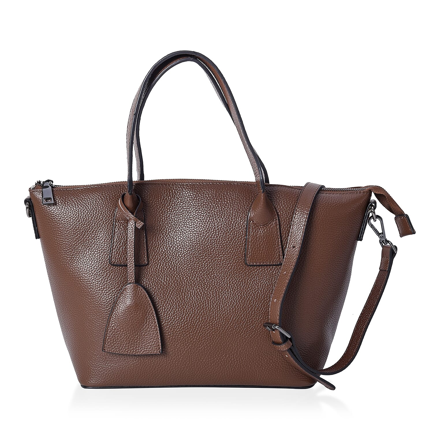 100% Genuine Leather Litchi Pattern Tote Bag with Detachable Shoulder Strap and Zipper Closure (Size 27x14x23 Cm) - Dark Brown