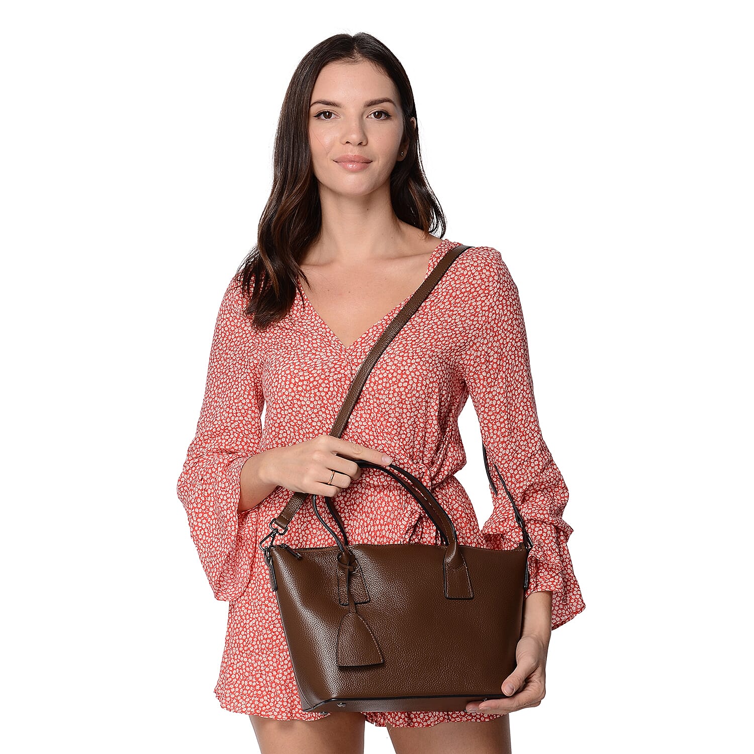 100% Genuine Leather Litchi Pattern Tote Bag with Detachable Shoulder Strap and Zipper Closure (Size 27x14x23 Cm) - Dark Brown