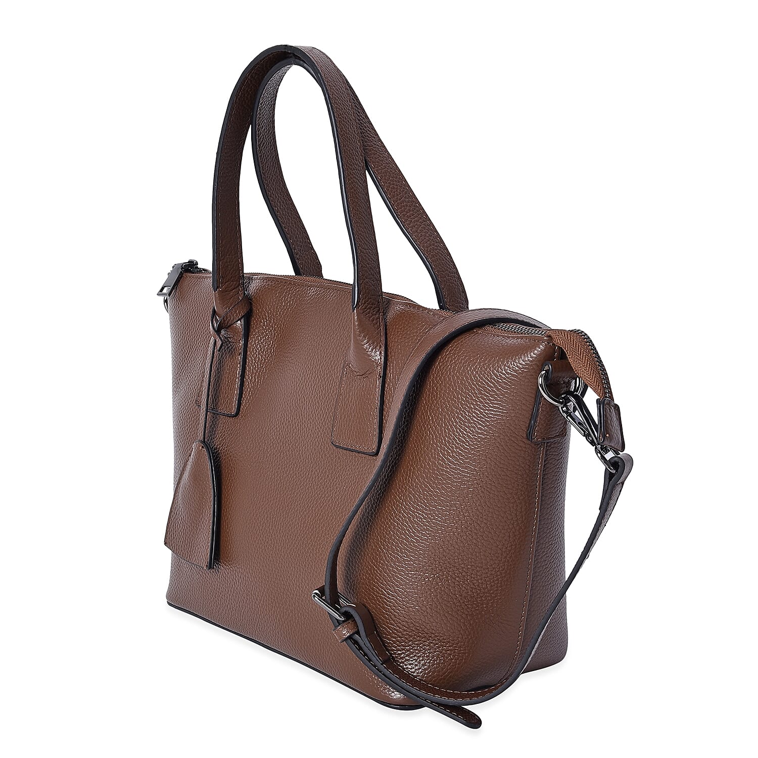 100% Genuine Leather Litchi Pattern Tote Bag with Detachable Shoulder Strap and Zipper Closure (Size 27x14x23 Cm) - Dark Brown