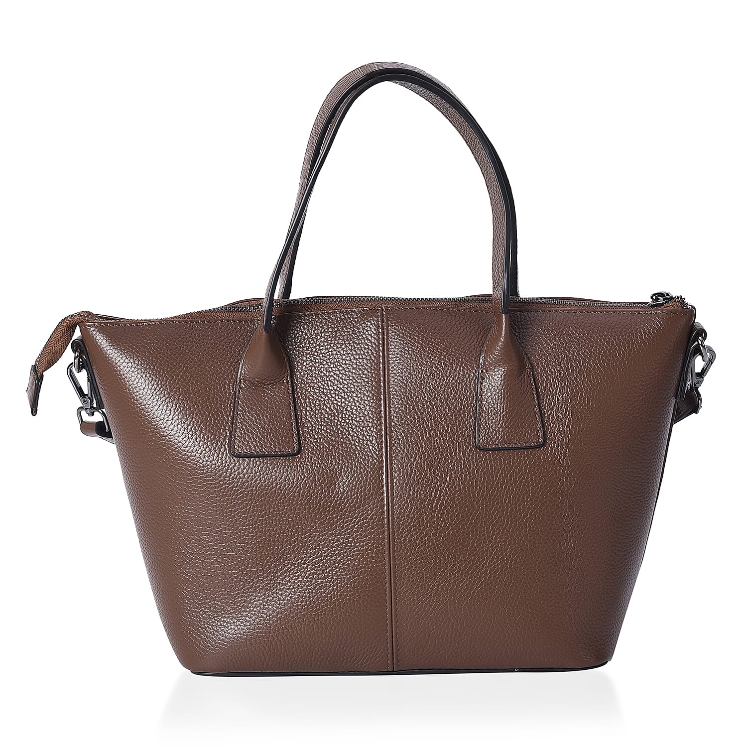 100% Genuine Leather Litchi Pattern Tote Bag with Detachable Shoulder Strap and Zipper Closure (Size 27x14x23 Cm) - Dark Brown