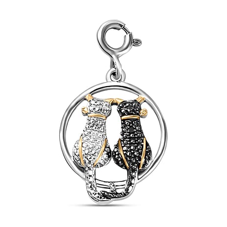 Black and White Diamond (Rnd) Twin Cat Charm in Black, Yellow Gold and Platinum Overlay Sterling Silver