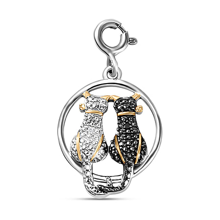 Black and White Diamond Cat Charm in Platinum Plated Sterling Silver
