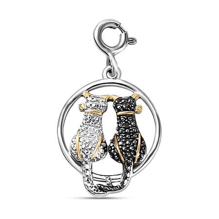 Black and White Diamond Cat Charm in Platinum Plated Sterling Silver Black and White Diamond Cat Charm in Platinum Plated Sterling Silver