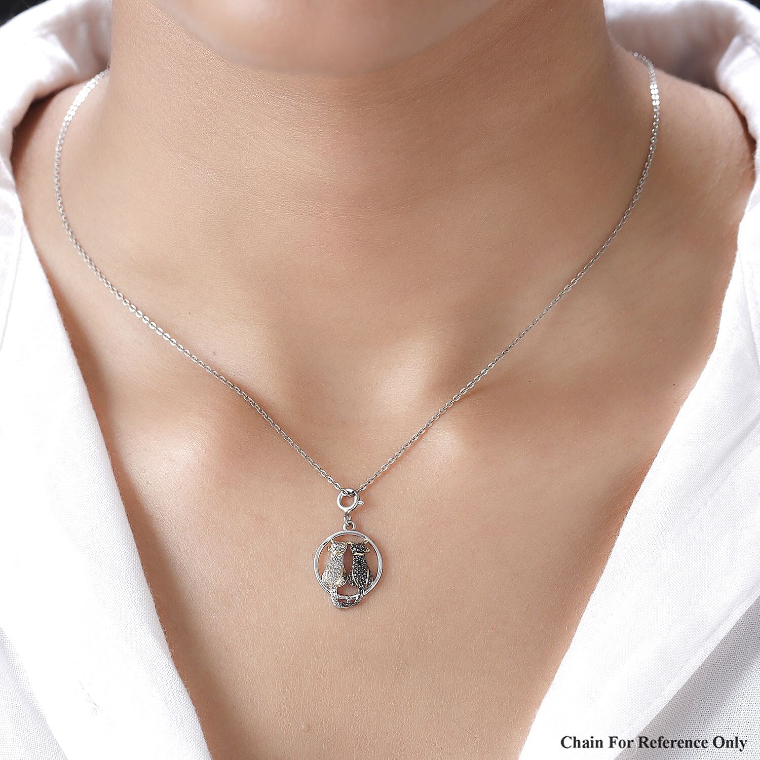 Black and White Diamond (Rnd) Twin Cat Charm in Black, Yellow Gold and Platinum Overlay Sterling Silver