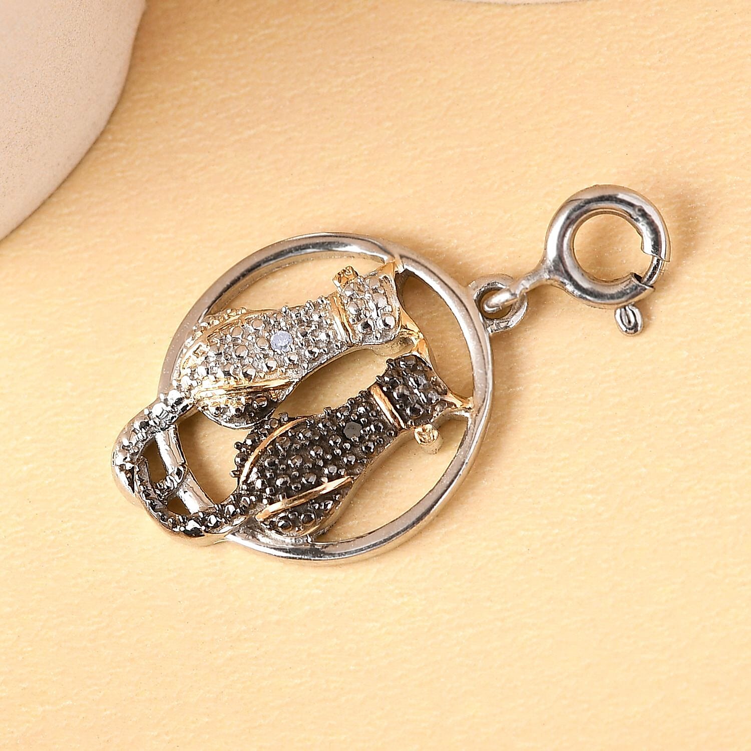 Black and White Diamond (Rnd) Twin Cat Charm in Black, Yellow Gold and Platinum Overlay Sterling Silver