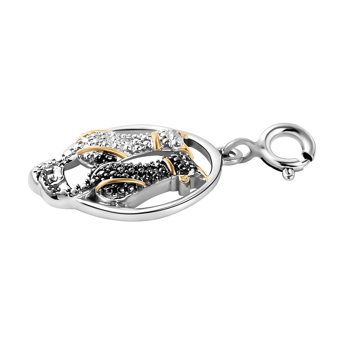 Black and White Diamond (Rnd) Twin Cat Charm in Black, Yellow Gold and Platinum Overlay Sterling Silver