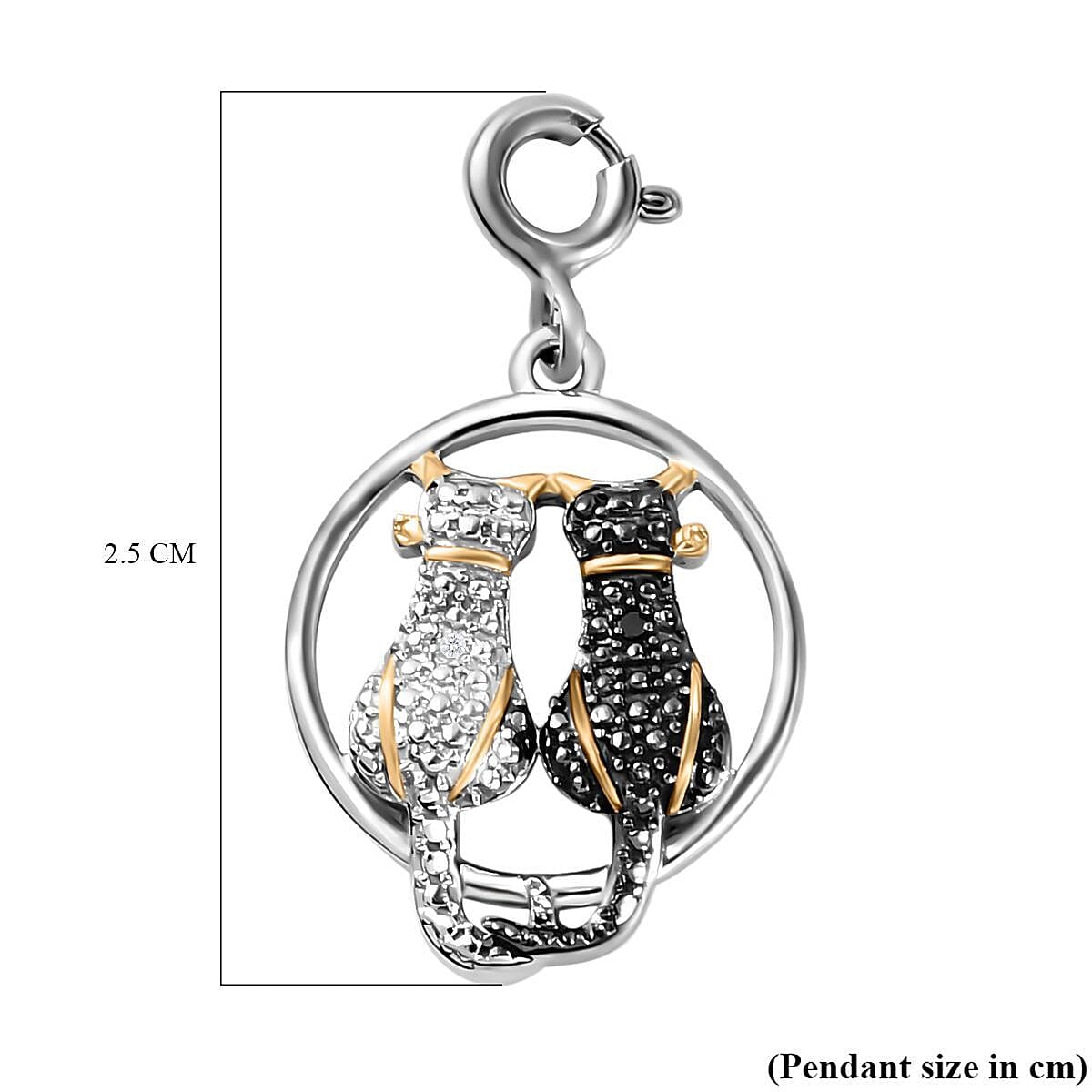 Black and White Diamond (Rnd) Twin Cat Charm in Black, Yellow Gold and Platinum Overlay Sterling Silver