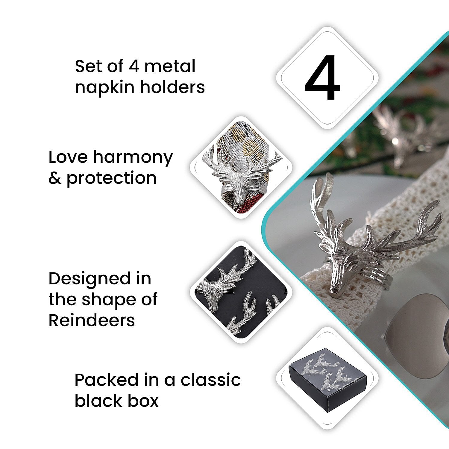 Set of 4 - Stag Head Cast Aluminum Napkin Ring with Gift Box