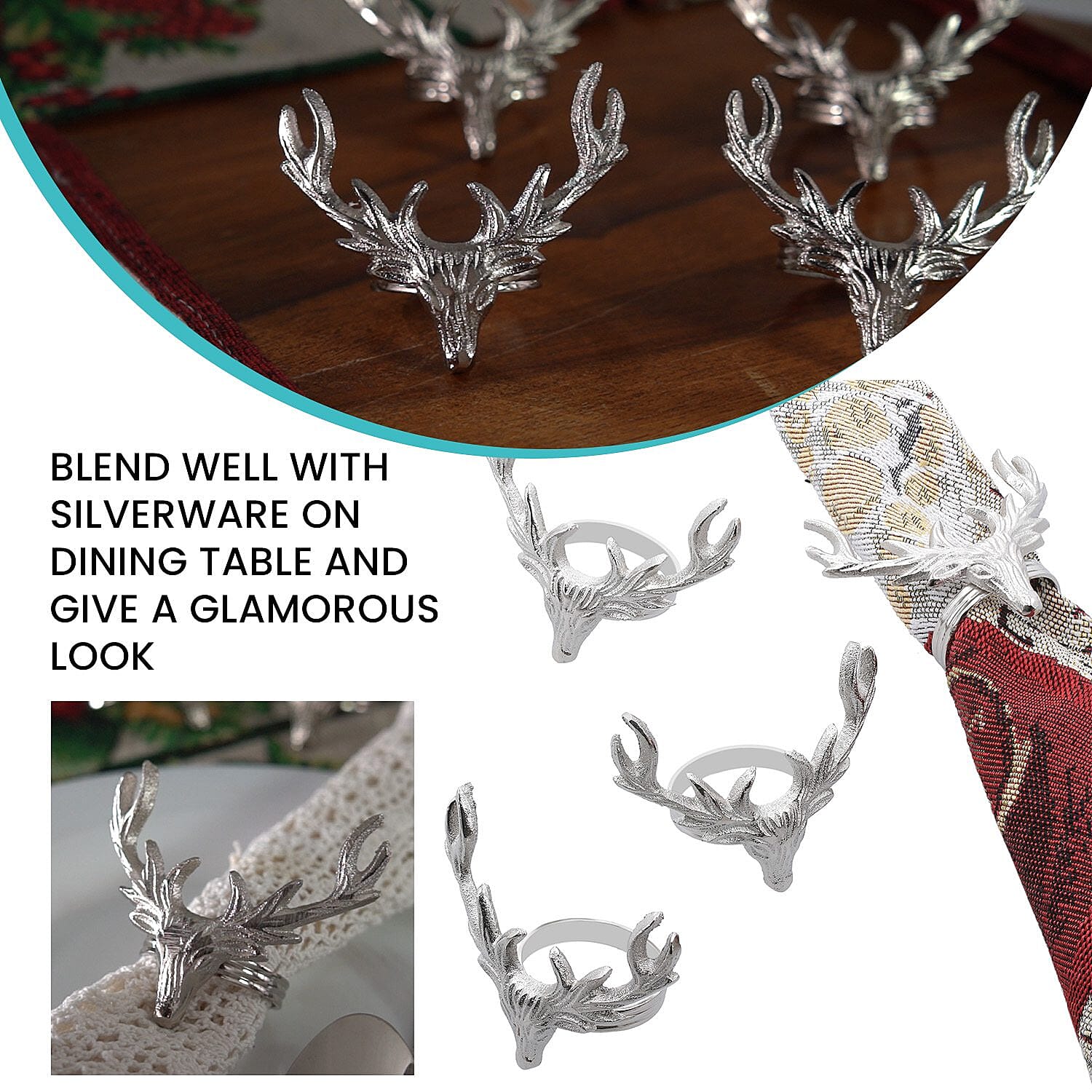 Set of 4 - Stag Head Cast Aluminum Napkin Ring with Gift Box