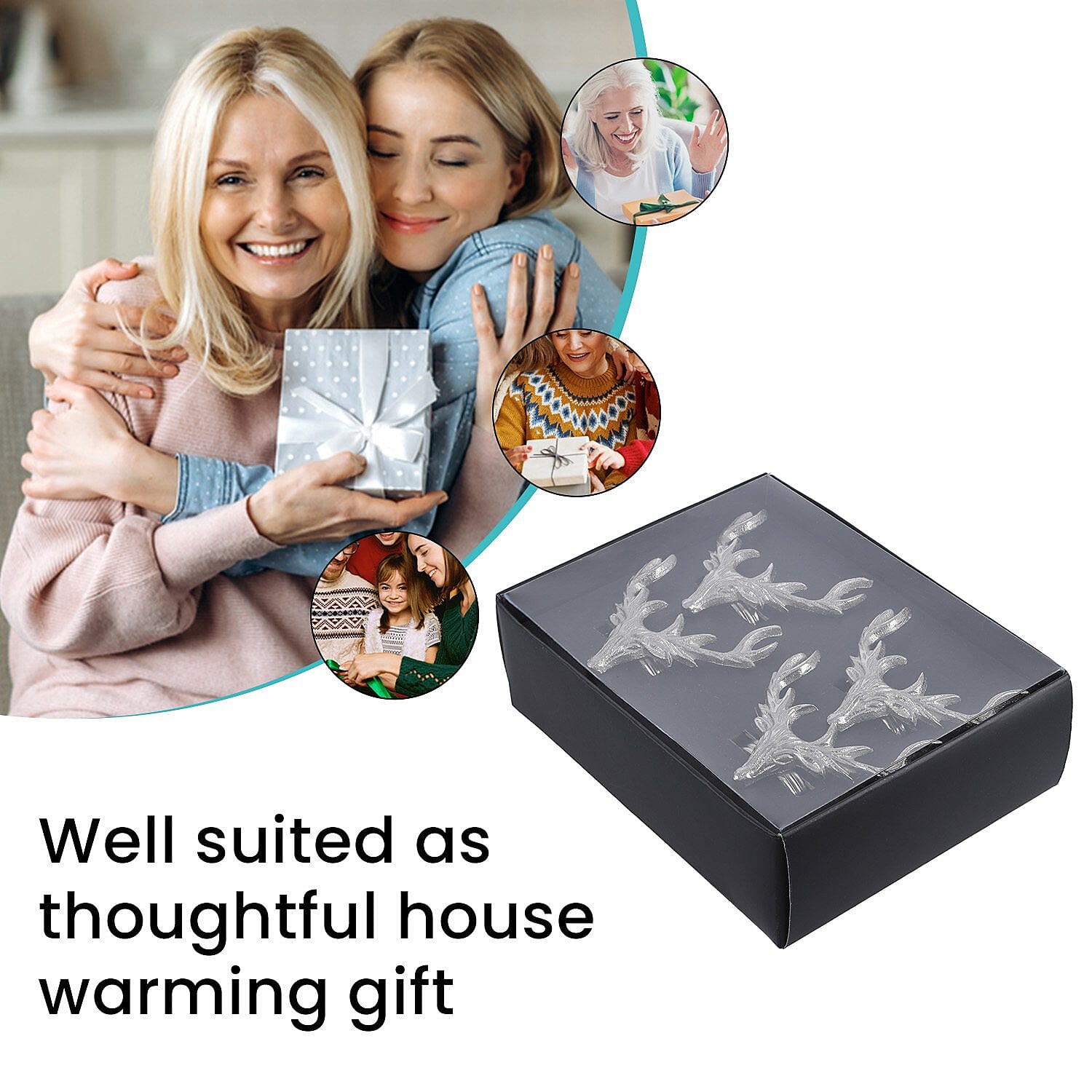 Set of 4 - Stag Head Cast Aluminum Napkin Ring with Gift Box