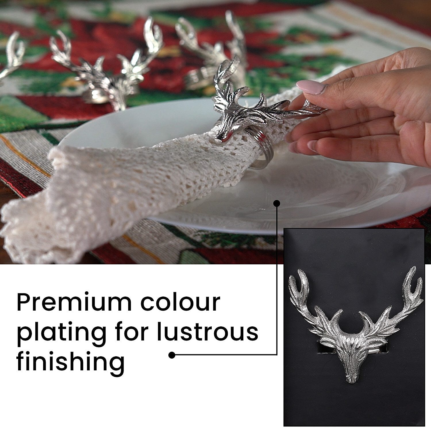 Set of 4 - Stag Head Cast Aluminum Napkin Ring with Gift Box