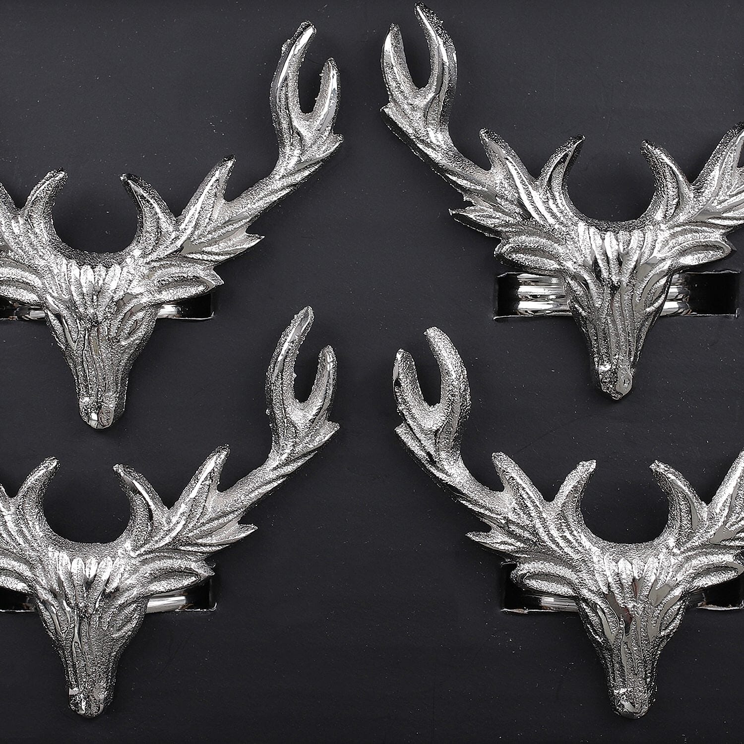 Set of 4 - Stag Head Cast Aluminum Napkin Ring with Gift Box