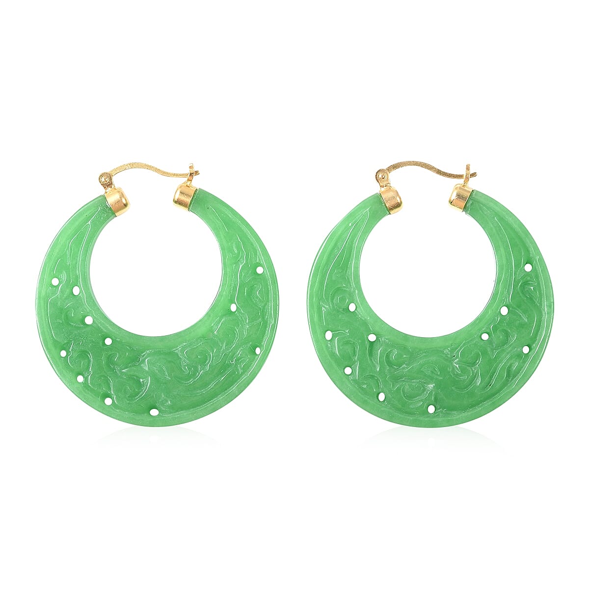 Carved Green Jade Hoop Earrings (with Clasp) in Yellow Gold Overlay Sterling Silver 91.00 Ct.