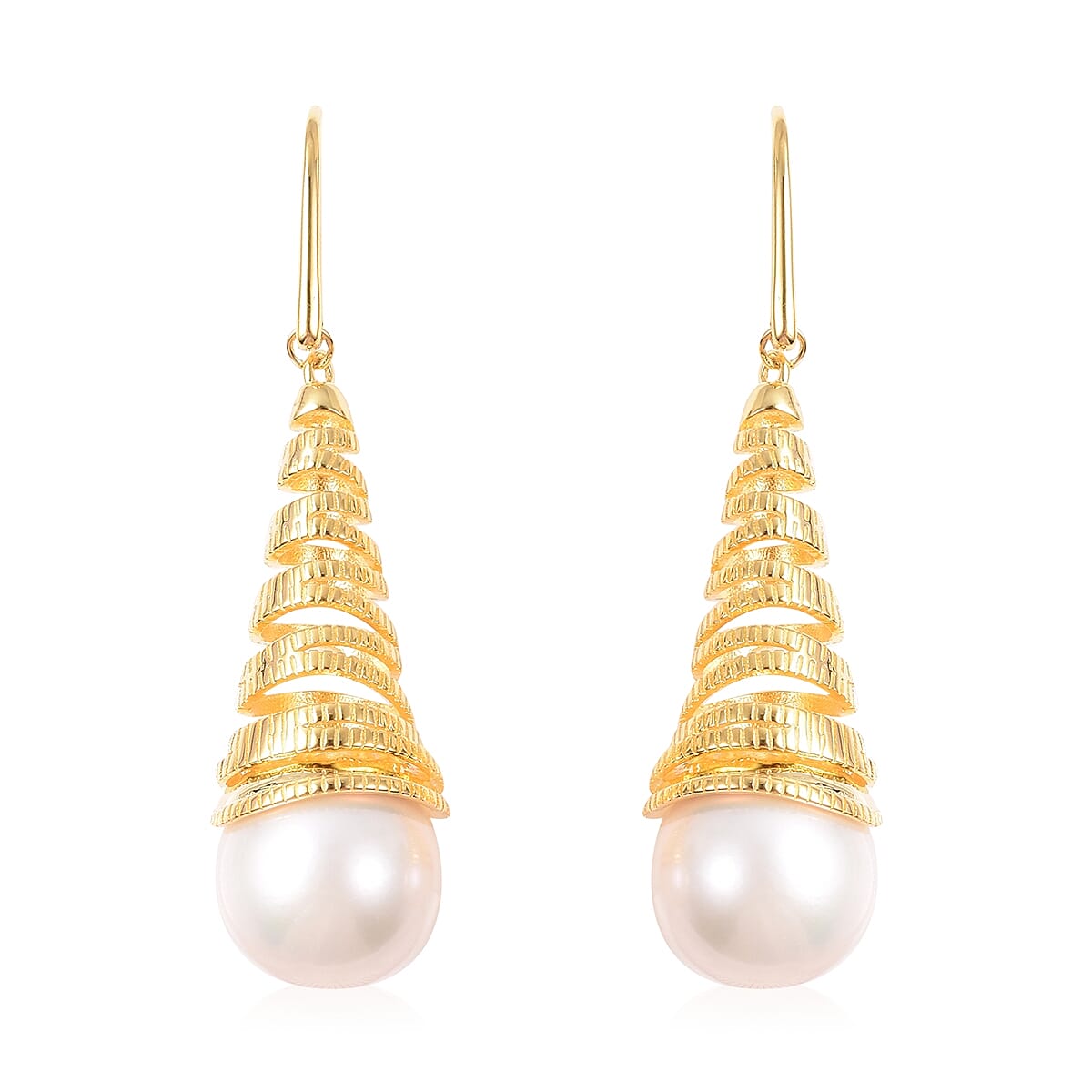 Edison Pearl (Rnd 13-14 mm) Wavy Cone Drop Hook Earrings in Yellow Gold Overlay Sterling Silver, Silver wt 9.00 Gms