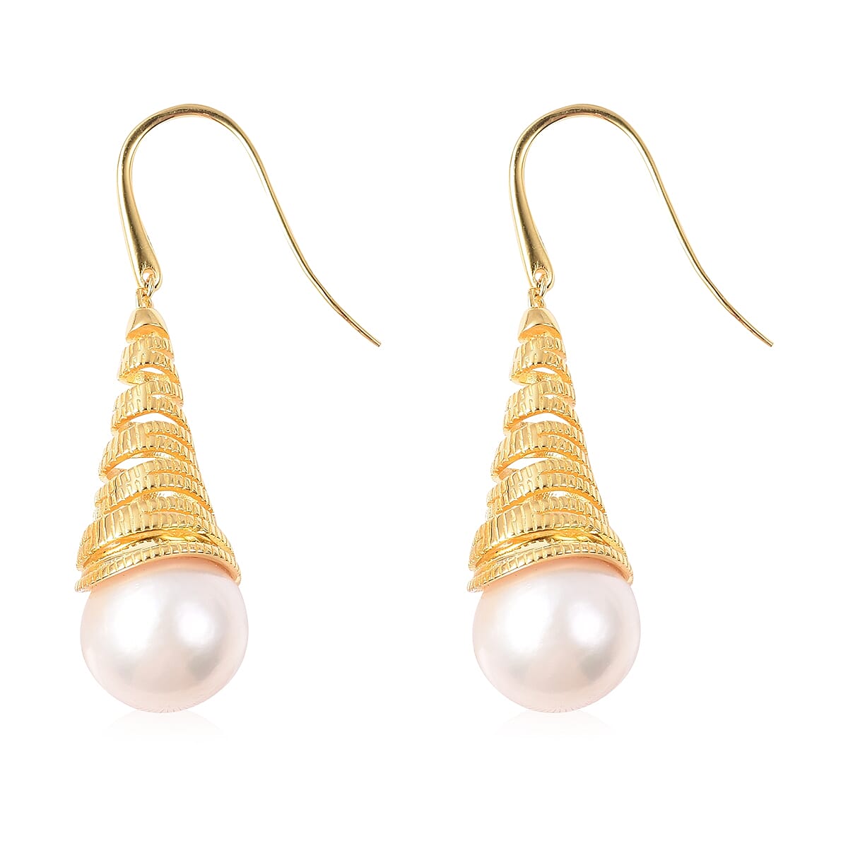 Edison Pearl (Rnd 13-14 mm) Wavy Cone Drop Hook Earrings in Yellow Gold Overlay Sterling Silver, Silver wt 9.00 Gms