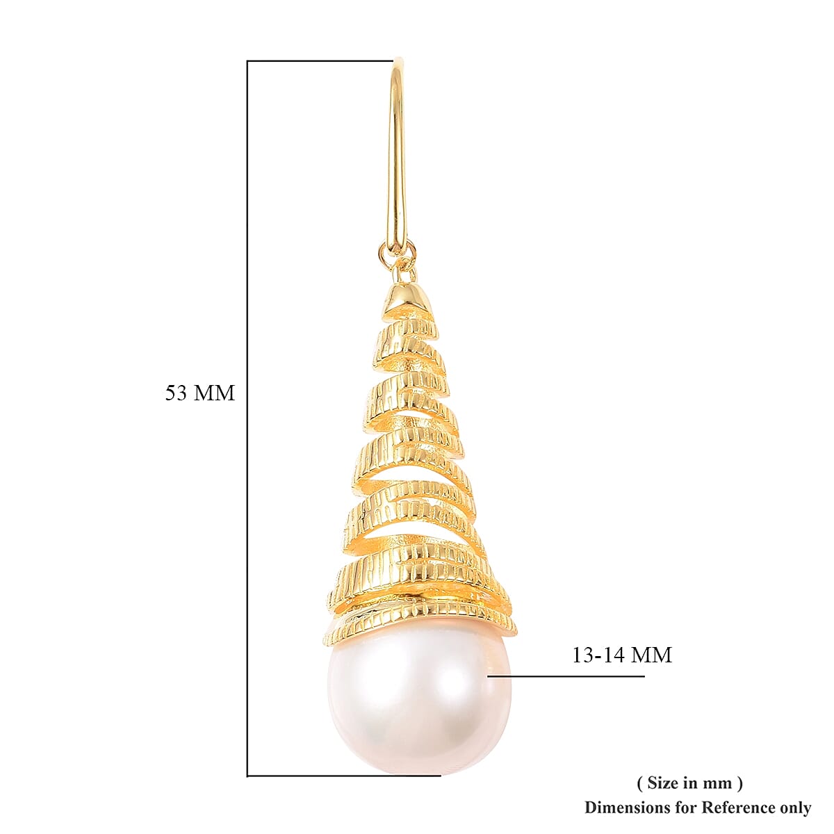 Edison Pearl (Rnd 13-14 mm) Wavy Cone Drop Hook Earrings in Yellow Gold Overlay Sterling Silver, Silver wt 9.00 Gms